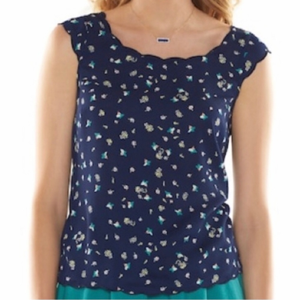 LC Lauren Conrad Top Womens XS Navy Blue Sleeveless Floral Casual Tank Shirt